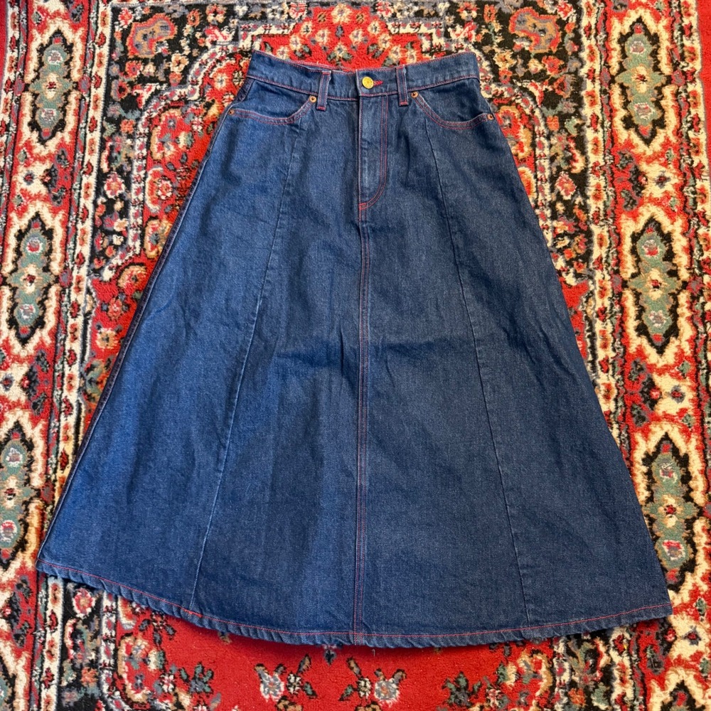 B SIDES Blue Jean Womens Small Simone Denim A-Line Midi Skirt Red Stitching USA